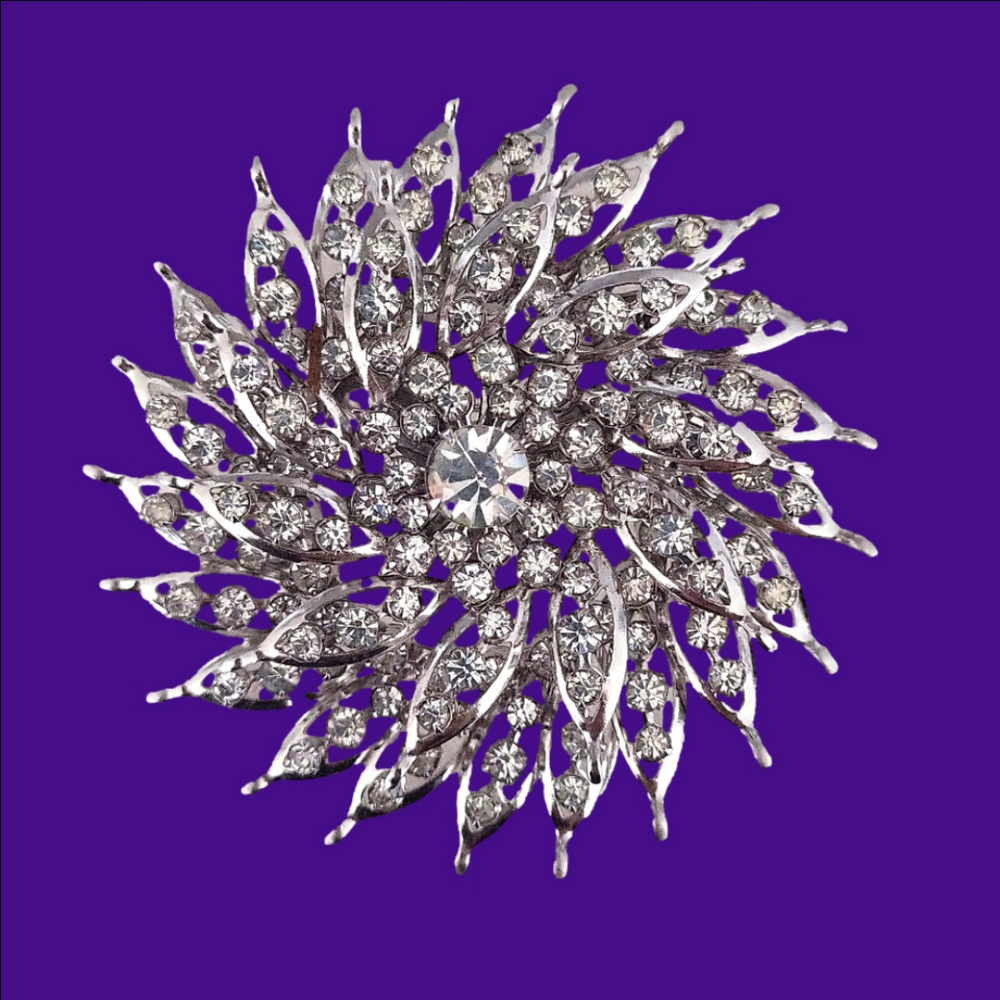Large Sunburst Pinwheel Rhinestone Brooch